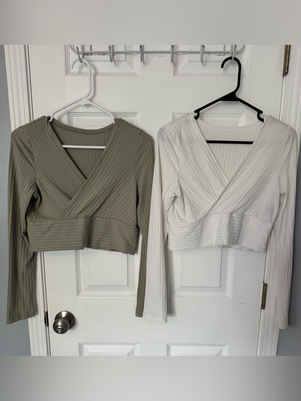 SHEIN Ribbed Wrap Crop Top - 2 Shirts - 1 Olive & 1 White